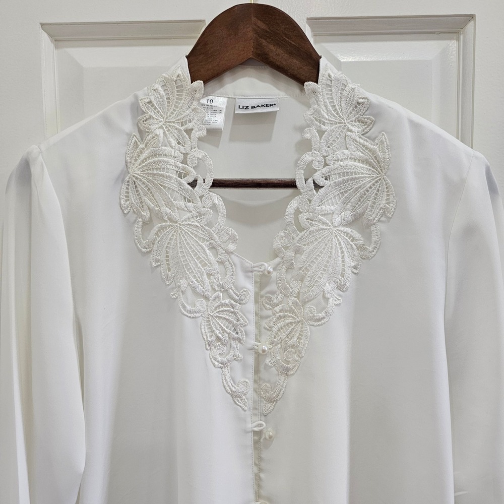 Liz Baker White Blouse with Lace Trim